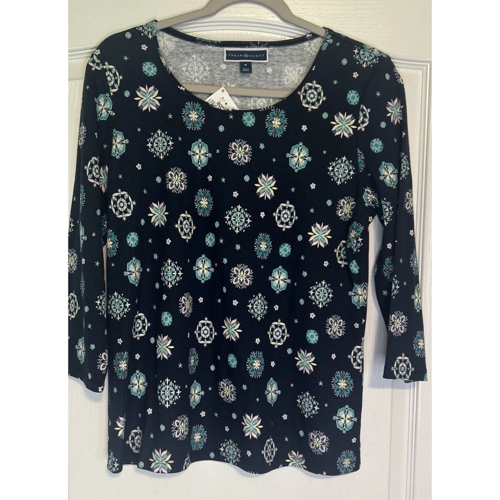 Karen Scott Blouse Womens Size M Navy Floral 3/4 Sleeve Pullover Top NWT